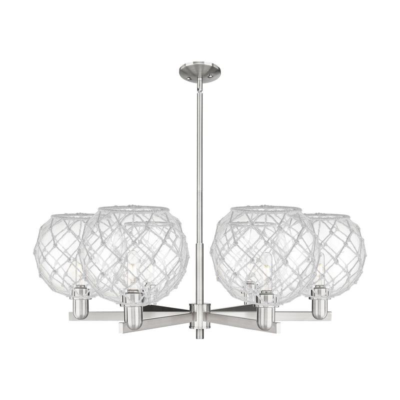 Innovations Farmhouse Rope 40in 6-Light Chandelier | Industrial Satin Nickel Steel and Clear Glass with White Rope | Dining | Model 716-6CR-SN-G122-10RW