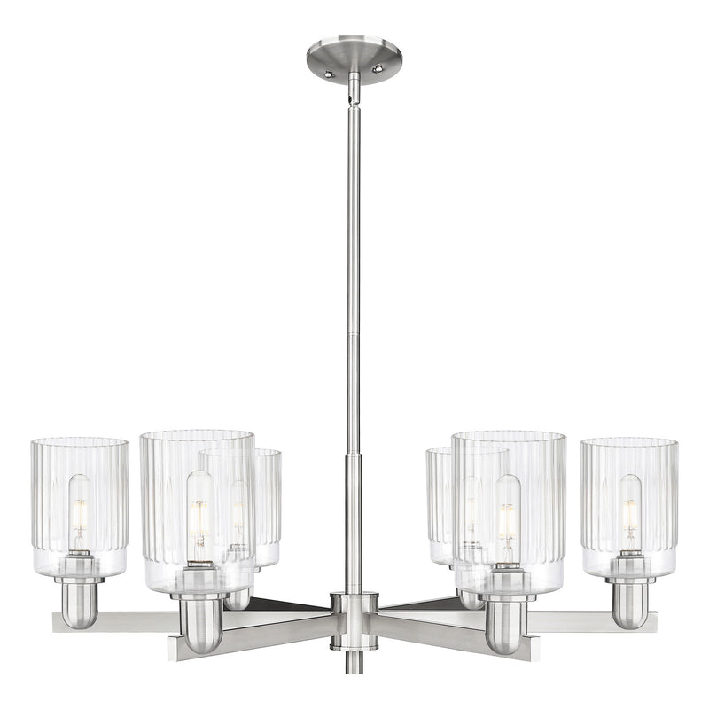Innovations Hadley 34in 6-Light Chandelier | Industrial Satin Nickel and Clear Ribbed Glass | Dining Room & Living Room | Model 716-6CR-SN-G342