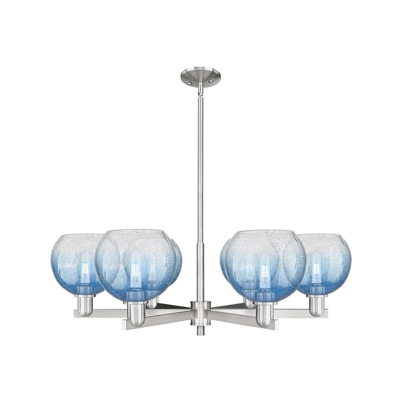Innovations Brookhaven Globe 38in 6-Light Chandelier | Industrial Satin Nickel and Sapphire Blue Glass | Damp-Rated Dining | Model 716-6CR-SN-G483-8SB