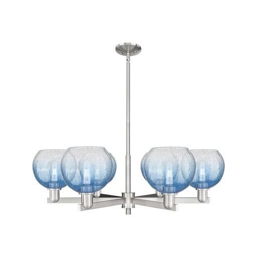 Innovations Brookhaven Globe 38in 6-Light Chandelier | Industrial Satin Nickel and Sapphire Blue Glass | Damp-Rated Dining | Model 716-6CR-SN-G483-8SB