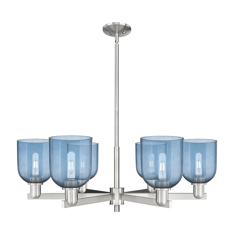 Innovations Bella 35in 6-Light Chandelier | Industrial Satin Nickel and Blue Glass | Dining Room & Living Room | Model 716-6CR-SN-G558-6BL