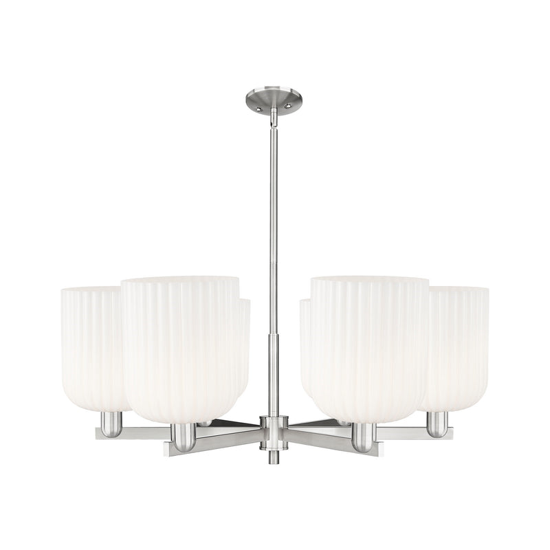 Innovations Bridal Veil 38in 6-Light Chandelier | Industrial Satin Nickel and Gloss White Ribbed Glass | Kitchen Island & | Model 716-6CR-SN-G559-8GWH