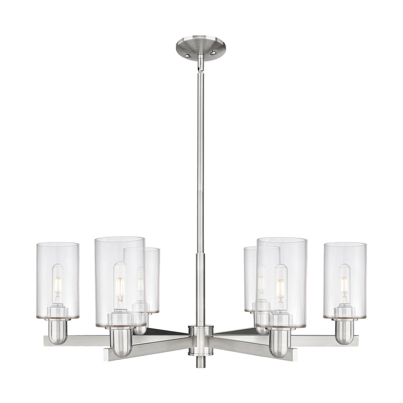 Innovations Clymer 34in 6-Light Chandelier | Industrial Satin Nickel and Clear Glass | Dining Room & Living Room | Model 716-6CR-SN-G802