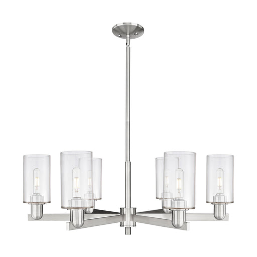 Innovations Clymer 34in 6-Light Chandelier | Industrial Satin Nickel and Clear Glass | Dining Room & Living Room | Model 716-6CR-SN-G802
