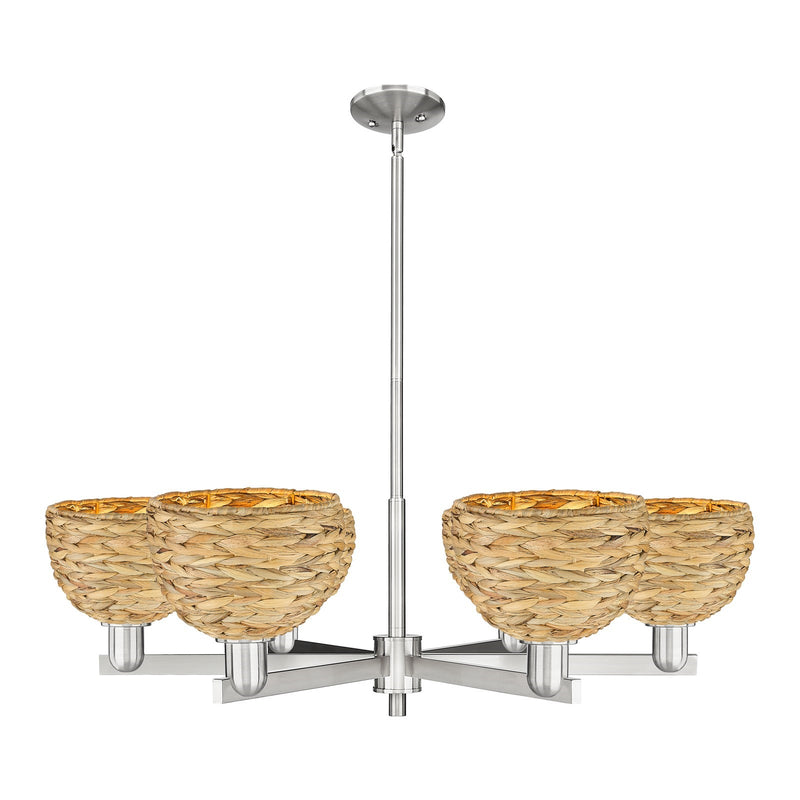 Innovations Woven Rattan 38in 6-Light Chandelier | Industrial Satin Nickel and Natural Fiber | Dining Room & Living Room | Model 716-6CR-SN-RBD-8-NAT