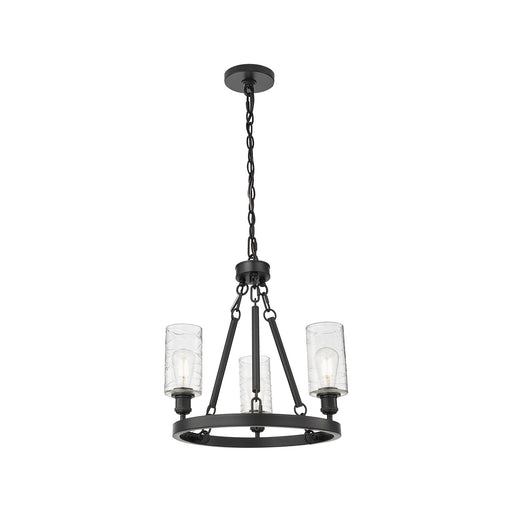 Innovations Crown Point 22in 3-Light Mini Chandelier | Industrial Matte Black Steel and Deco Swirl Glass | Dining Room & Kitchen | Model 820-BK-G434-7DE