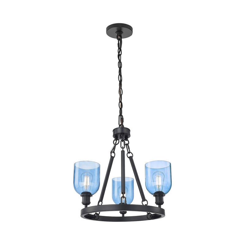 Innovations Bella 24in 3-Light Mini Chandelier | Industrial Matte Black Steel and Blue Glass | Kitchen Island & Dining Room | Model 820-BK-G558-6BL