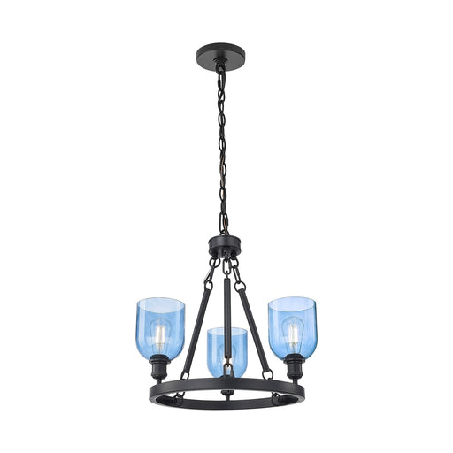 Innovations Bella 24in 3-Light Mini Chandelier | Industrial Matte Black Steel and Blue Glass | Kitchen Island & Dining Room | Model 820-BK-G558-6BL