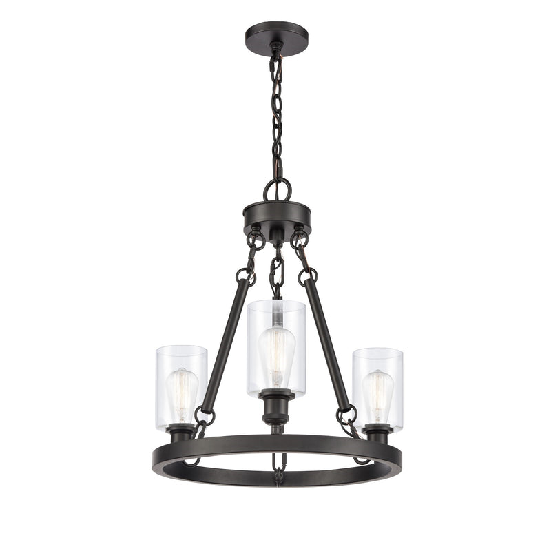 Innovations Clymer 20in 3-Light Mini Chandelier | Industrial Matte Black Steel and Clear Glass | Kitchen Island & Dining Room | Model 820-BK-G802