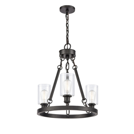 Innovations Clymer 20in 3-Light Mini Chandelier | Industrial Matte Black Steel and Clear Glass | Kitchen Island & Dining Room | Model 820-BK-G802
