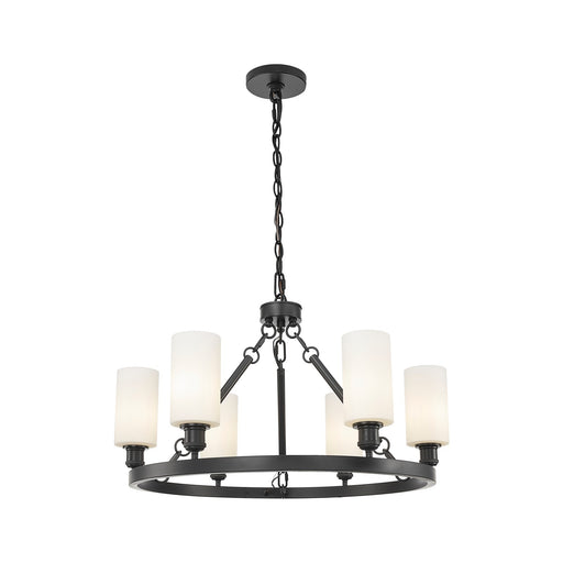 Innovations Crown Point 32in 6-Light Chandelier | Industrial Matte Black Steel and White Frosted Glass | Dining Room & Living Room | Model 830-BK-G434-7WH