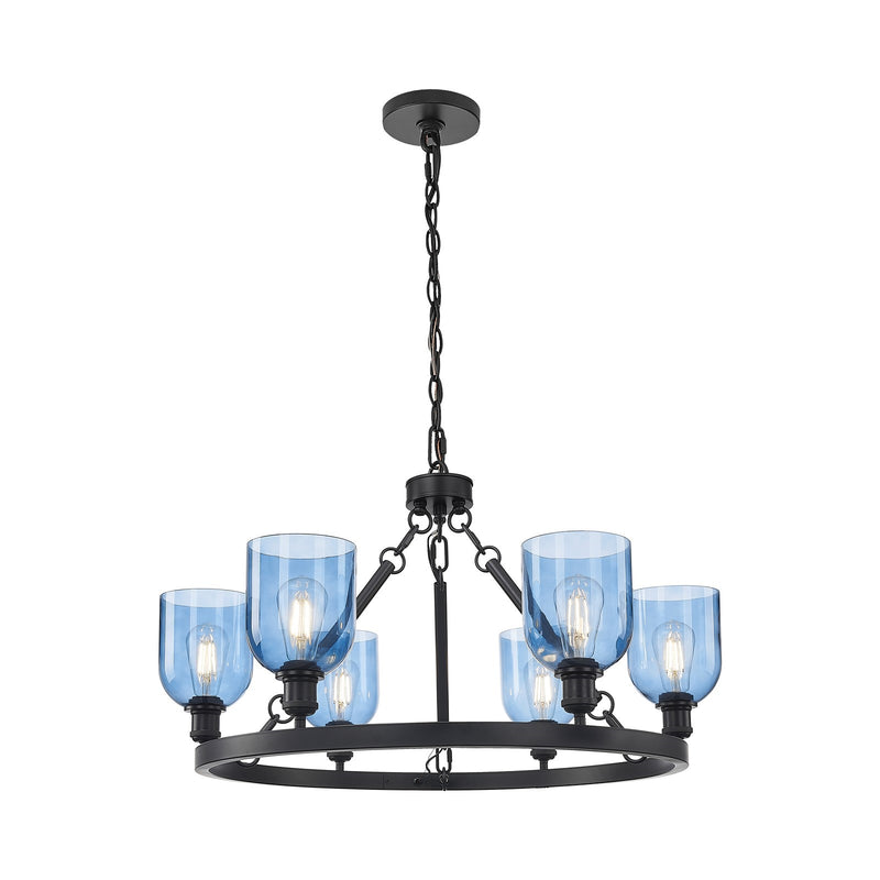 Innovations Bella 34in 6-Light Chandelier | Industrial Matte Black Steel and Blue Glass | Kitchen Island & Dining Room | Model 830-BK-G558-6BL