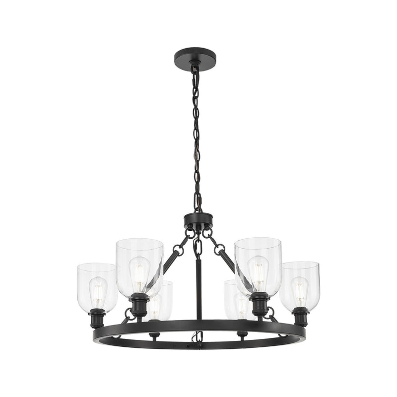Innovations Bella 34in 6-Light Chandelier | Industrial Matte Black Steel and Clear Glass | Kitchen Island & Dining Room | Model 830-BK-G558-6CL
