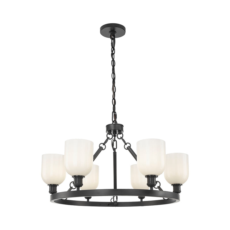 Innovations Bella 34in 6-Light Chandelier | Industrial Matte Black Steel and White Glass | Kitchen Island & Dining Room | Model 830-BK-G558-6GWH