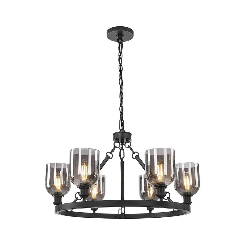 Innovations Bella 34in 6-Light Chandelier | Industrial Matte Black Steel and Light Smoke Glass | Dining Room & Living Room | Model 830-BK-G558-6SM