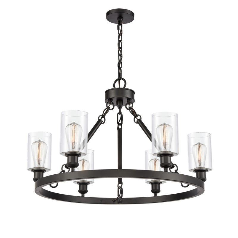 Innovations Clymer 30in 6-Light Chandelier | Industrial Matte Black Steel and Clear Glass | Damp Rated Dining Room & Living Room | Model 830-BK-G802