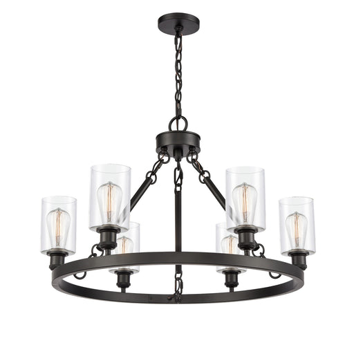Innovations Clymer 30in 6-Light Chandelier | Industrial Matte Black Steel and Clear Glass | Dining Room & Living Room | Model 830-BK-G802-LED