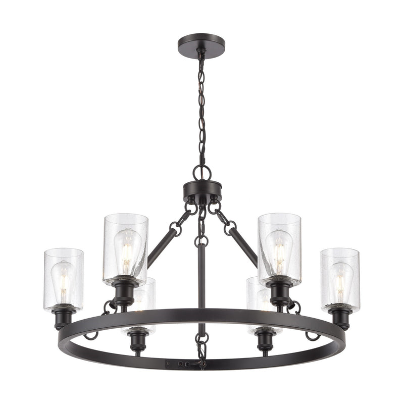 Innovations Clymer 30in 6-Light Chandelier | Industrial Matte Black Steel and Seedy Glass | Dining Room & Living Room | Model 830-BK-G804