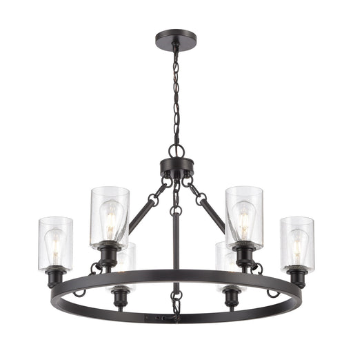 Innovations Clymer 30in 6-Light Chandelier | Industrial Matte Black Steel and Seedy Glass | Dining Room & Living Room | Model 830-BK-G804