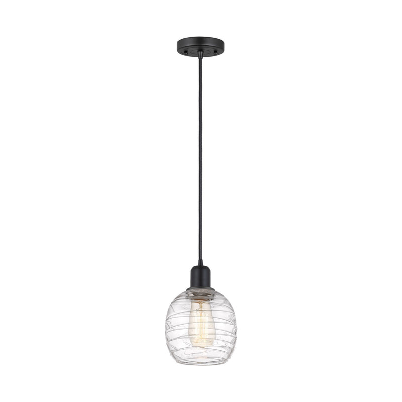 Innovations Belfast 6in 1-Light Mini Pendant | Industrial Matte Black Steel and Clear Deco Swirl Glass | Kitchen Island & Dining | Model 900-1P-BK-G1013