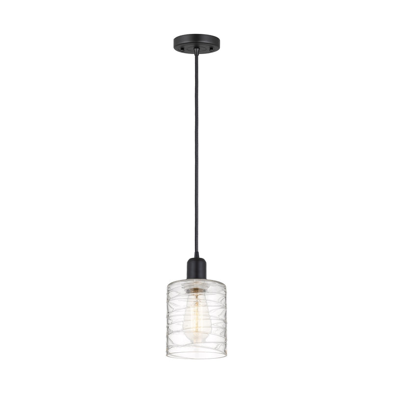Innovations Cobbleskill 5in 1-Light Mini Pendant | Industrial Matte Black Steel and Cast Brass Deco Swirl Glass | Kitchen Island | Model 900-1P-BK-G1113