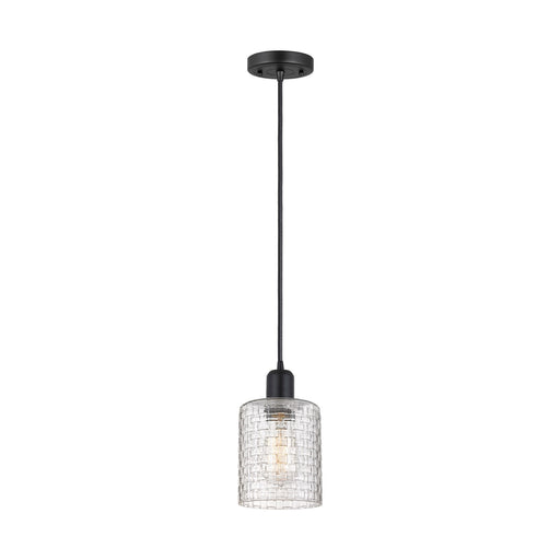 Innovations Cobbleskill 5in 1-Light Mini Pendant | Industrial Matte Black Steel and Clear Basket Weave Glass | Kitchen Island | Model 900-1P-BK-G112C-5CL
