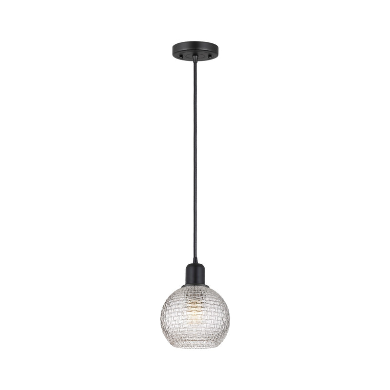 Innovations Athens 6in 1-Light Mini Pendant | Industrial Matte Black Steel and Clear Basket Weave Glass | Kitchen Island & | Model 900-1P-BK-G122C-6CL