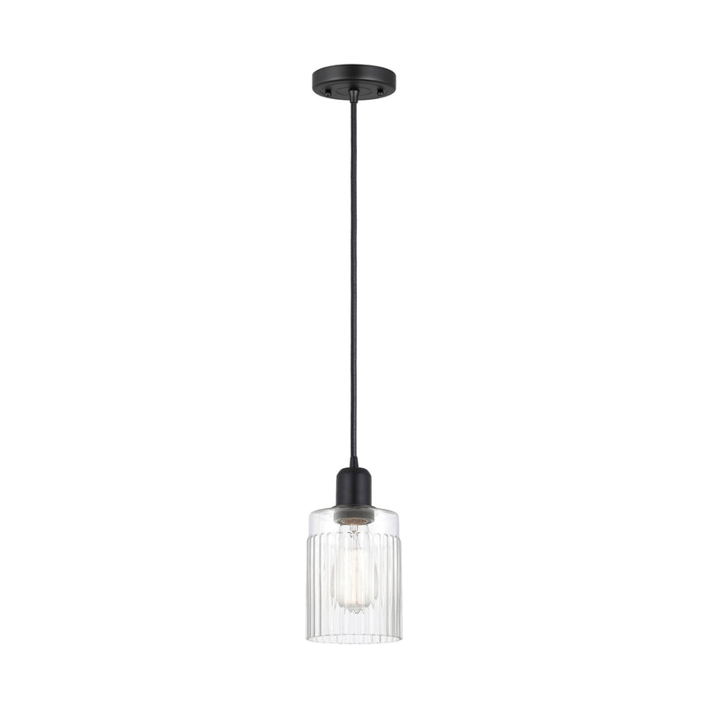 Innovations Hadley 4.5in 1-Light Mini Pendant | Industrial Matte Black Steel and Clear Ribbed Glass | Kitchen Island | Model 900-1P-BK-G342