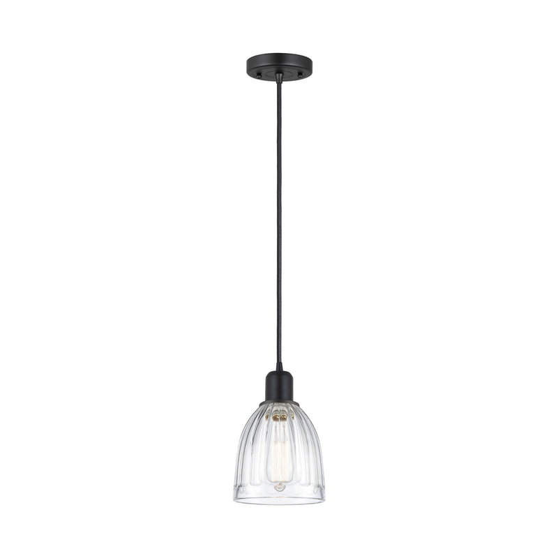 Innovations Brookfield 6in 1-Light Mini Pendant | Industrial Matte Black Steel and Clear Ribbed Glass | Kitchen Island | Model 900-1P-BK-G442