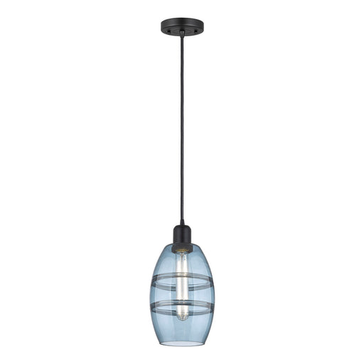 Innovations Vaz 6in 1-Light Mini Pendant | Industrial Matte Black Steel and Blue Glass | Kitchen Island & Dining Room | Model 900-1P-BK-G557-6BL