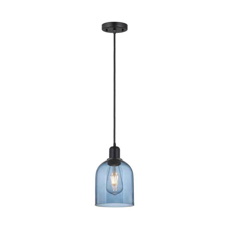 Innovations Bella 6in 1-Light Mini Pendant | Industrial Matte Black Steel and Blue Glass | Kitchen Island | 5.5 x 5.5 x 9.5 in | Model 900-1P-BK-G558-6BL