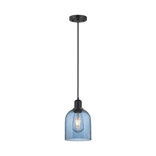 Innovations Bella 6in 1-Light Mini Pendant | Industrial Matte Black Steel and Blue Glass | Kitchen Island | 5.5 x 5.5 x 9.5 in | Model 900-1P-BK-G558-6BL