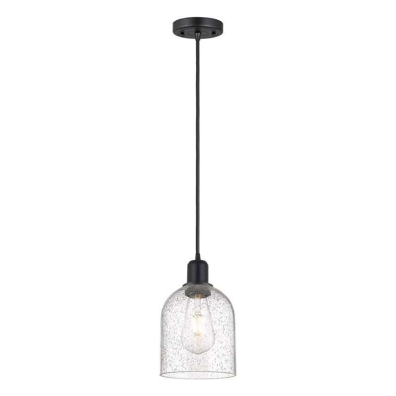 Innovations Bella 6in 1-Light Mini Pendant | Industrial Matte Black Steel and Seedy Glass | Kitchen Island | 5.5 x 5.5 x 9.5 in | Model 900-1P-BK-G558-6SDY