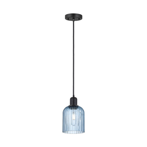 Innovations Bridal Veil 5in 1-Light Mini Pendant | Industrial Matte Black Steel and Princess Blue Ribbed Glass | Kitchen Island | Model 900-1P-BK-G559-5BL