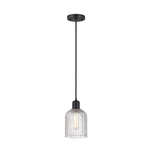 Innovations Bridal Veil 5in 1-Light Mini Pendant | Industrial Matte Black Steel and Clear Ribbed Glass | Kitchen Island | Model 900-1P-BK-G559-5CL