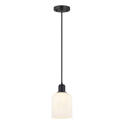 Innovations Bridal Veil 5in 1-Light Mini Pendant | Industrial Matte Black Steel and Gloss White Ribbed Glass | Kitchen Island | Model 900-1P-BK-G559-5GWH