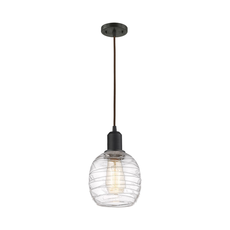 Innovations Belfast 6in 1-Light Mini Pendant | Industrial Oil Rubbed Bronze Steel and Deco Swirl Clear Glass | Kitchen Island & | Model 900-1P-OB-G1013