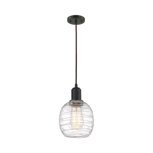 Innovations Belfast 6in 1-Light Mini Pendant | Industrial Oil Rubbed Bronze Steel and Deco Swirl Clear Glass | Kitchen Island & | Model 900-1P-OB-G1013