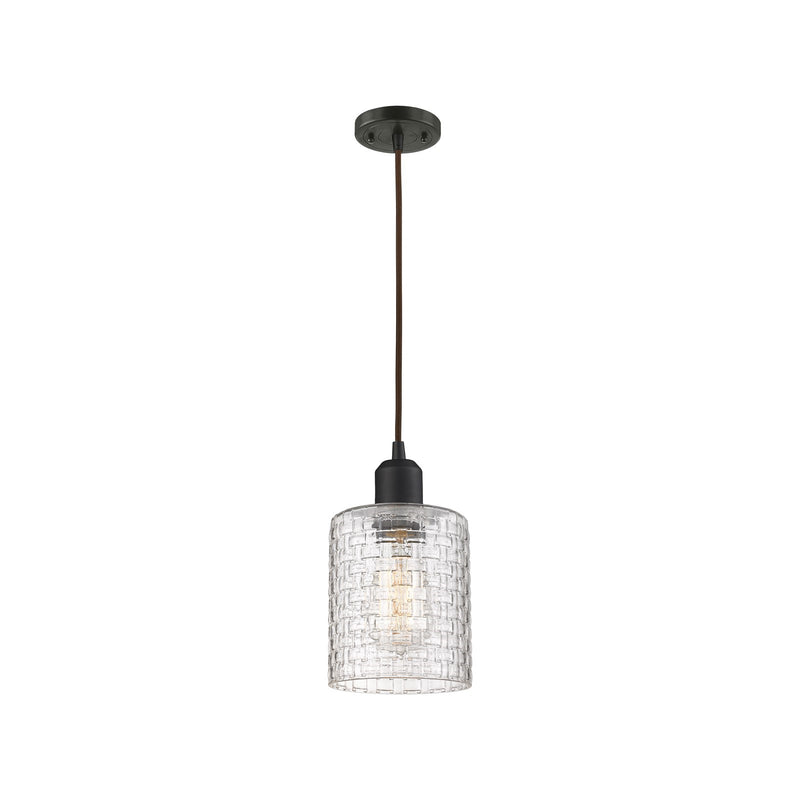 Innovations Cobbleskill 5in 1-Light Mini Pendant | Industrial Oil Rubbed Bronze Steel and Clear Basket Weave Glass | Kitchen | Model 900-1P-OB-G112C-5CL