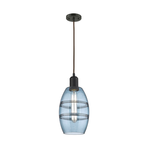 Innovations Vaz 6in 1-Light Mini Pendant | Industrial Oil Rubbed Bronze Steel and Blue Glass | Kitchen Island & Dining Room | Model 900-1P-OB-G557-6BL