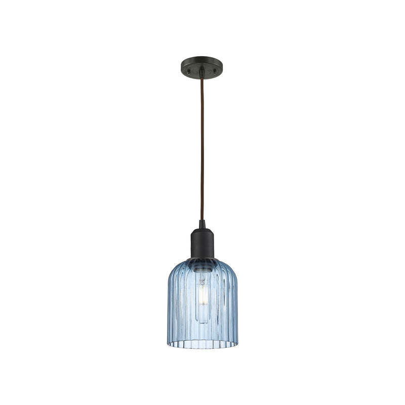 Innovations Bridal Veil 5in 1-Light Mini Pendant | Industrial Oil Rubbed Bronze Steel and Princess Blue Ribbed Glass | Kitchen | Model 900-1P-OB-G559-5BL