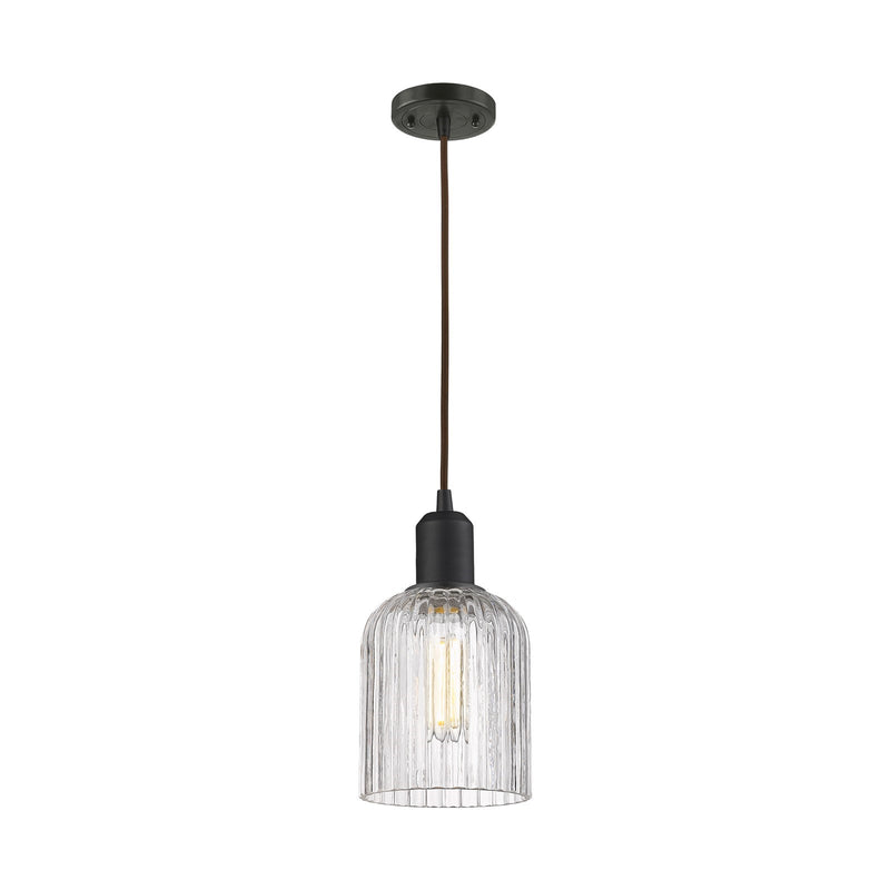 Innovations Bridal Veil 5in 1-Light Mini Pendant | Industrial Oil Rubbed Bronze Steel and Clear Ribbed Glass | Kitchen Island | Model 900-1P-OB-G559-5CL