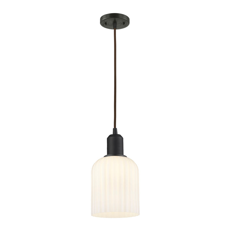 Innovations Bridal Veil 5in 1-Light Mini Pendant | Industrial Oil Rubbed Bronze Steel and Gloss White Ribbed Glass | Kitchen | Model 900-1P-OB-G559-5GWH