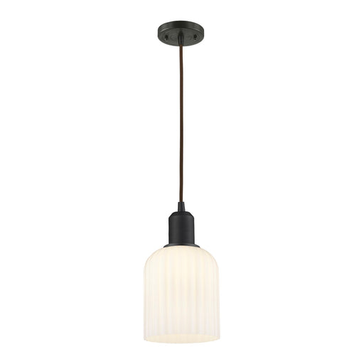 Innovations Bridal Veil 5in 1-Light Mini Pendant | Industrial Oil Rubbed Bronze Steel and Gloss White Ribbed Glass | Kitchen | Model 900-1P-OB-G559-5GWH