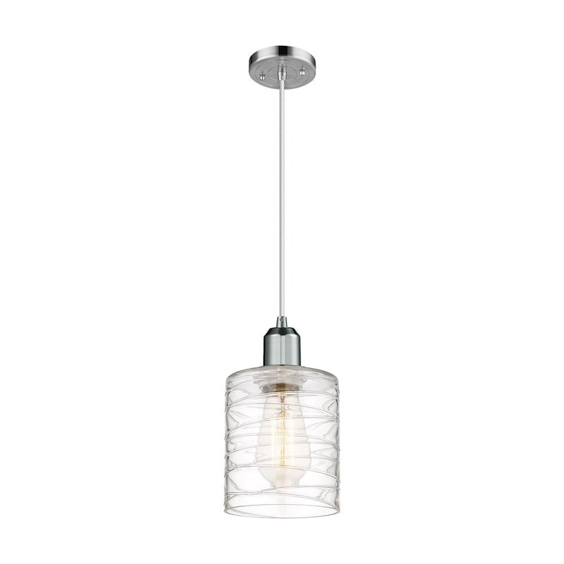 Innovations Cobbleskill 5in 1-Light Mini Pendant | Industrial Polished Chrome Steel and Clear Deco Swirl Glass | Kitchen Island & | Model 900-1P-PC-G1113