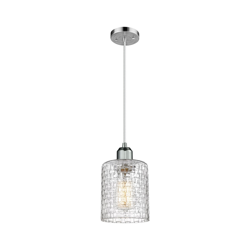 Innovations Cobbleskill 5in 1-Light Mini Pendant | Industrial Polished Chrome Steel and Clear Basket Weave Glass | Kitchen | Model 900-1P-PC-G112C-5CL
