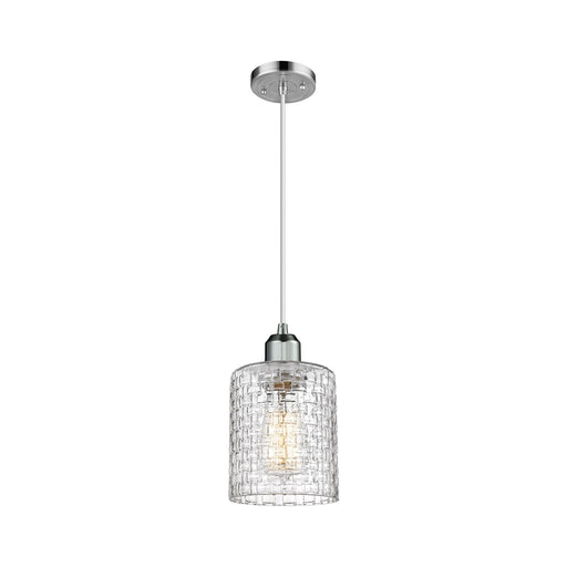 Innovations Cobbleskill 5in 1-Light Mini Pendant | Industrial Polished Chrome Steel and Clear Basket Weave Glass | Kitchen | Model 900-1P-PC-G112C-5CL