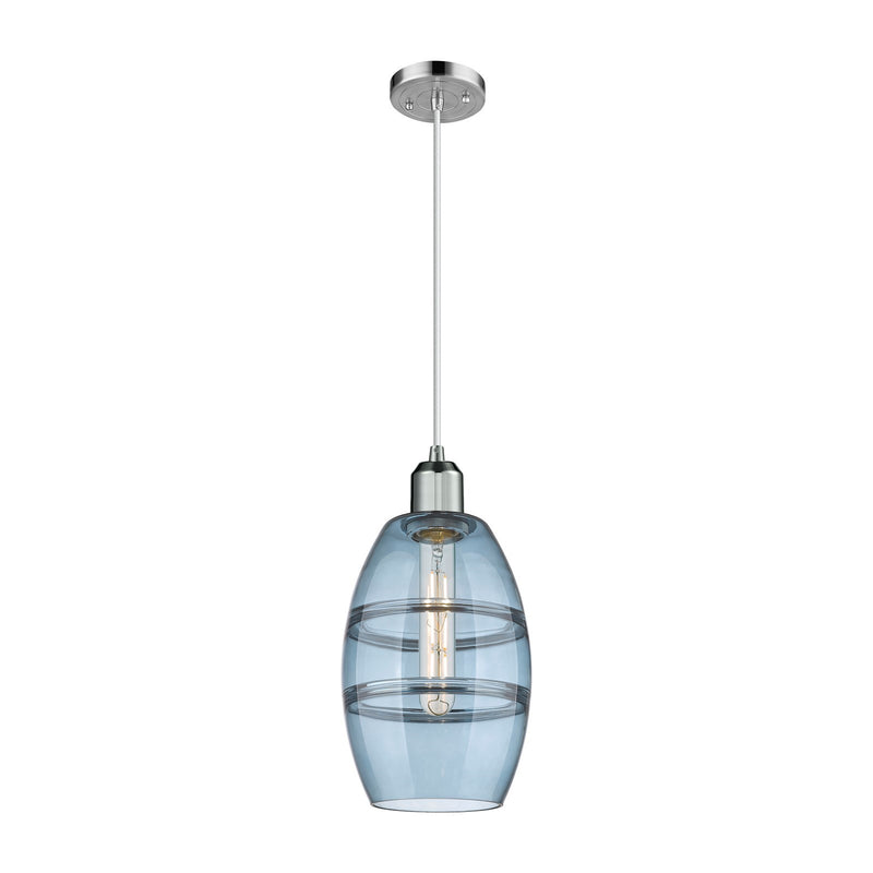 Innovations Vaz 6in 1-Light Mini Pendant | Industrial Polished Chrome and Blue Glass | Kitchen Island & Dining Room | Model 900-1P-PC-G557-6BL
