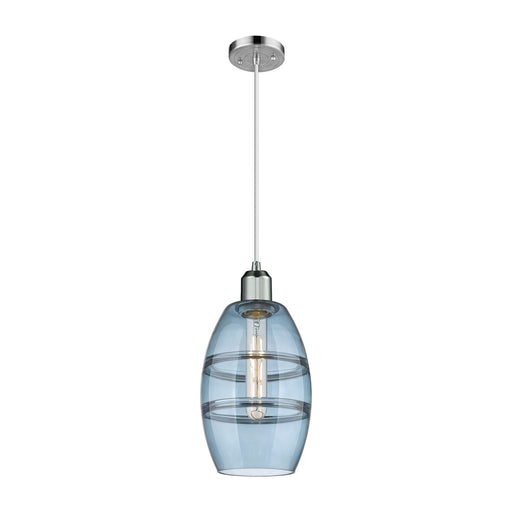 Innovations Vaz 6in 1-Light Mini Pendant | Industrial Polished Chrome and Blue Glass | Kitchen Island & Dining Room | Model 900-1P-PC-G557-6BL