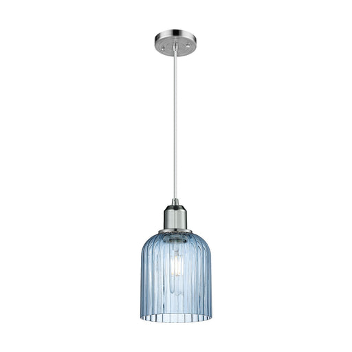 Innovations Bridal Veil 5in 1-Light Mini Pendant | Industrial Polished Chrome Steel and Princess Blue Ribbed Glass | Kitchen | Model 900-1P-PC-G559-5BL